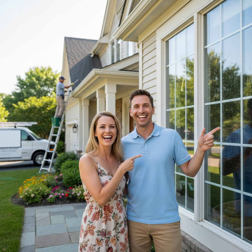 Window cleaner using squeegee on residential home glass in Mounds View