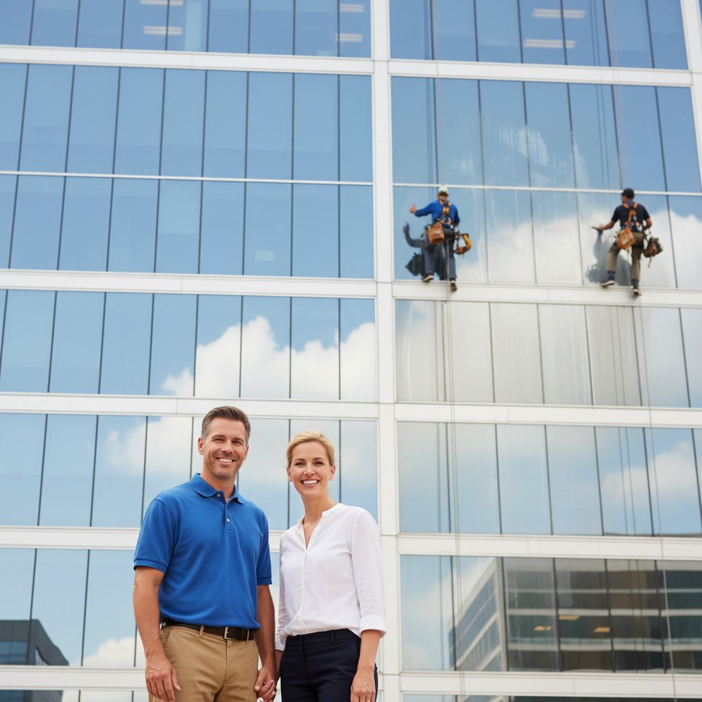 Window washer using squeegee on residential home exterior glass in Andover